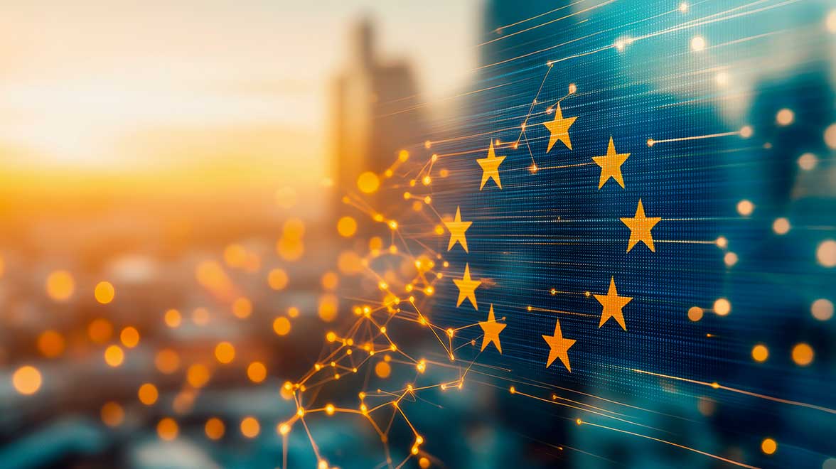 Digitale Punkte mit Übergang zu gelben Europa-Sterne auf blauem Hintergrund mit Sonnenuntergang am Horizont 