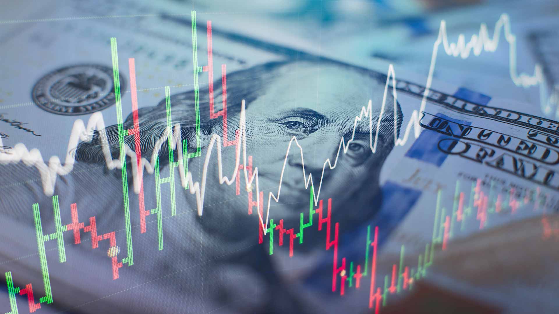 Forex-Diagramm Im Hintergrund ein US-Dollar-Schein abgebildet. Im Vordergrund ist ein Forex-Diagramm zu sehen.